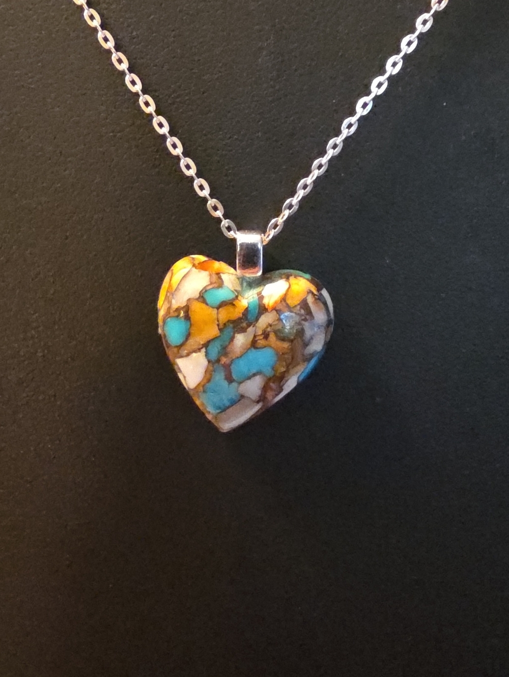 Heart Mosaic Pendant Silver Necklace - Turquoise, Gold & Cream Inlay